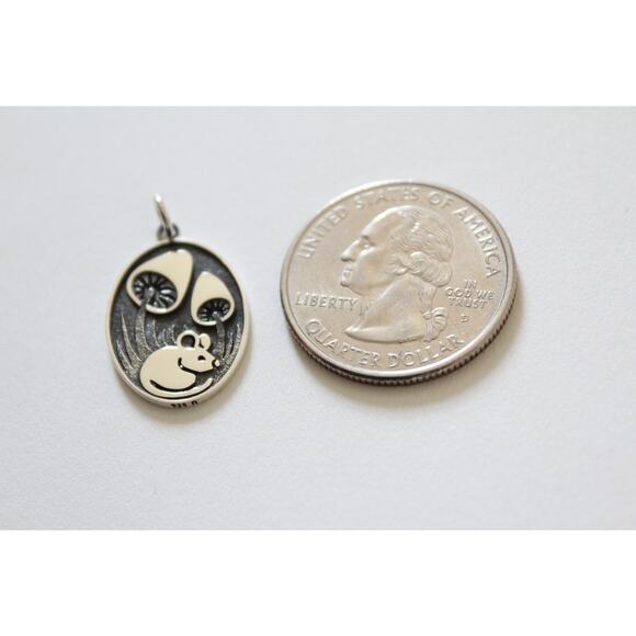 Sterling Silver Silver Mouse Pendant with Mushrooms Charm - Picture 3 of 4